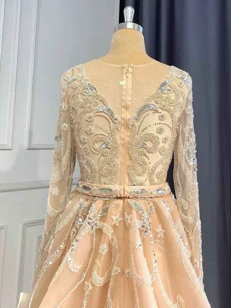 Elegant Champagne Gold Long Sleeves Bead Embroidery Long Prom Dress