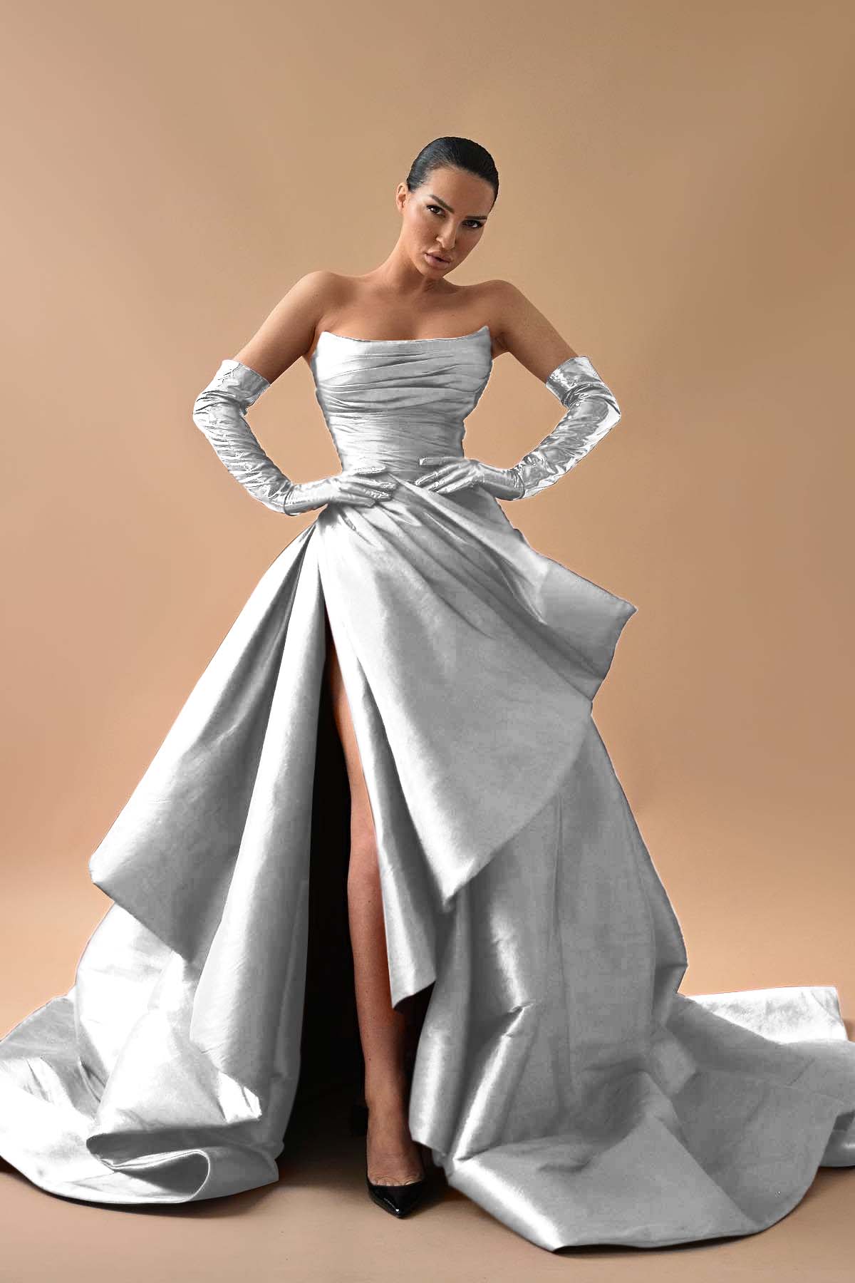 Strapless Sleeveless Long Split Prom Dress With Gloves Pleated BMBRIDE