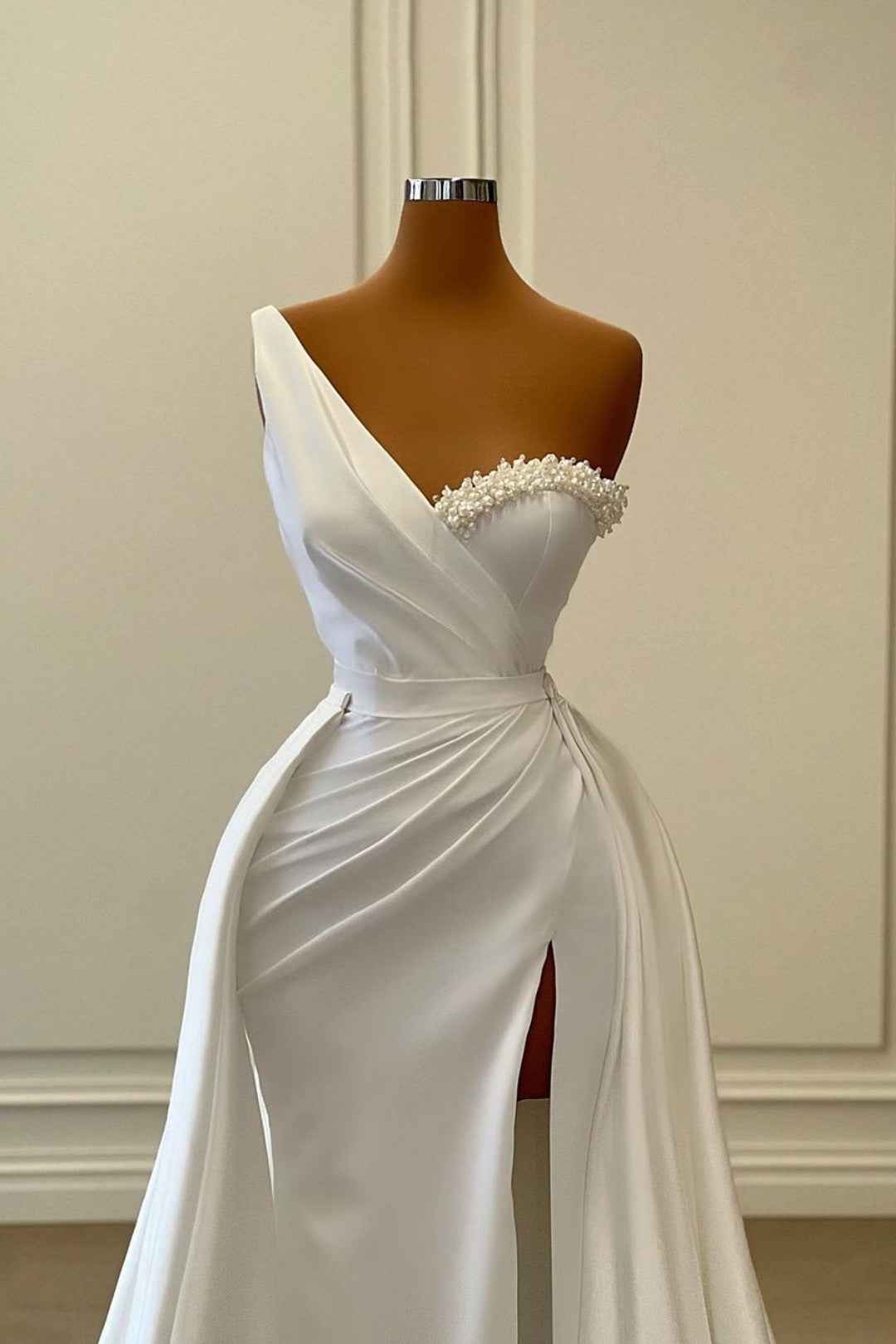 One-Shoulder Charmeuse White Wedding Dress with Beading BM bride