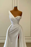 One-Shoulder Charmeuse White Wedding Dress with Beading BM bride
