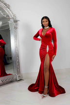 Red Long Prom Dress Long Sleeves Simple With High Split Pleated