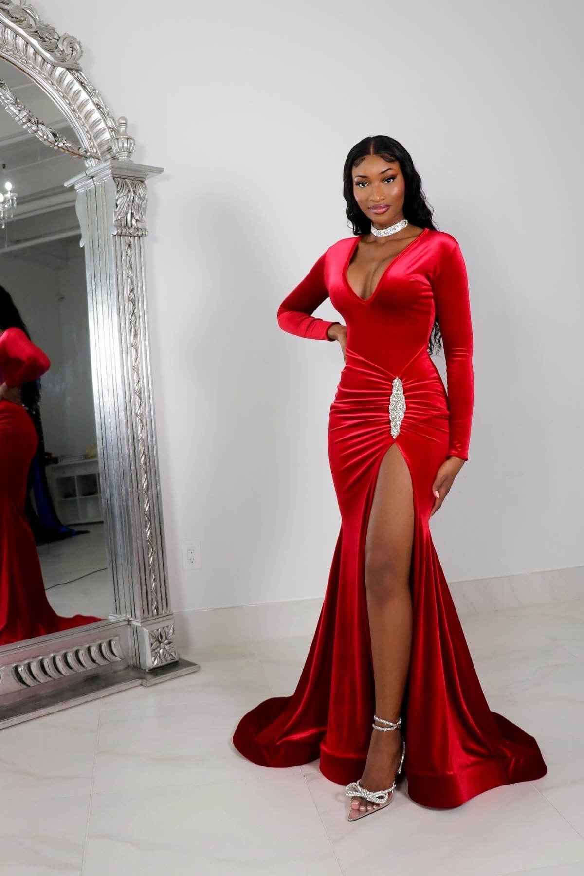 Red Long Prom Dress Long Sleeves Simple With High Split Pleated