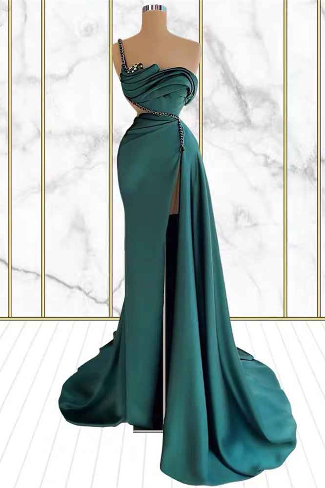 Emerald Rhinestone Sleeveless Mermaid One Shoulder Prom Dress With Split