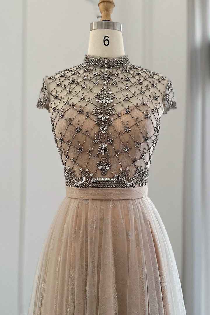 Champagne Jewel Neck Beading A Line Prom Dress Tulle Diamond Studded