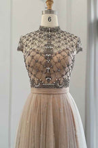 Champagne Jewel Neck Beading A Line Prom Dress Tulle Diamond Studded