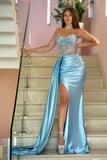 Blue Strapless Sweetheart Mermaid Evening Dress with Appliques, Beads, and Ruffles Slit BM bride
