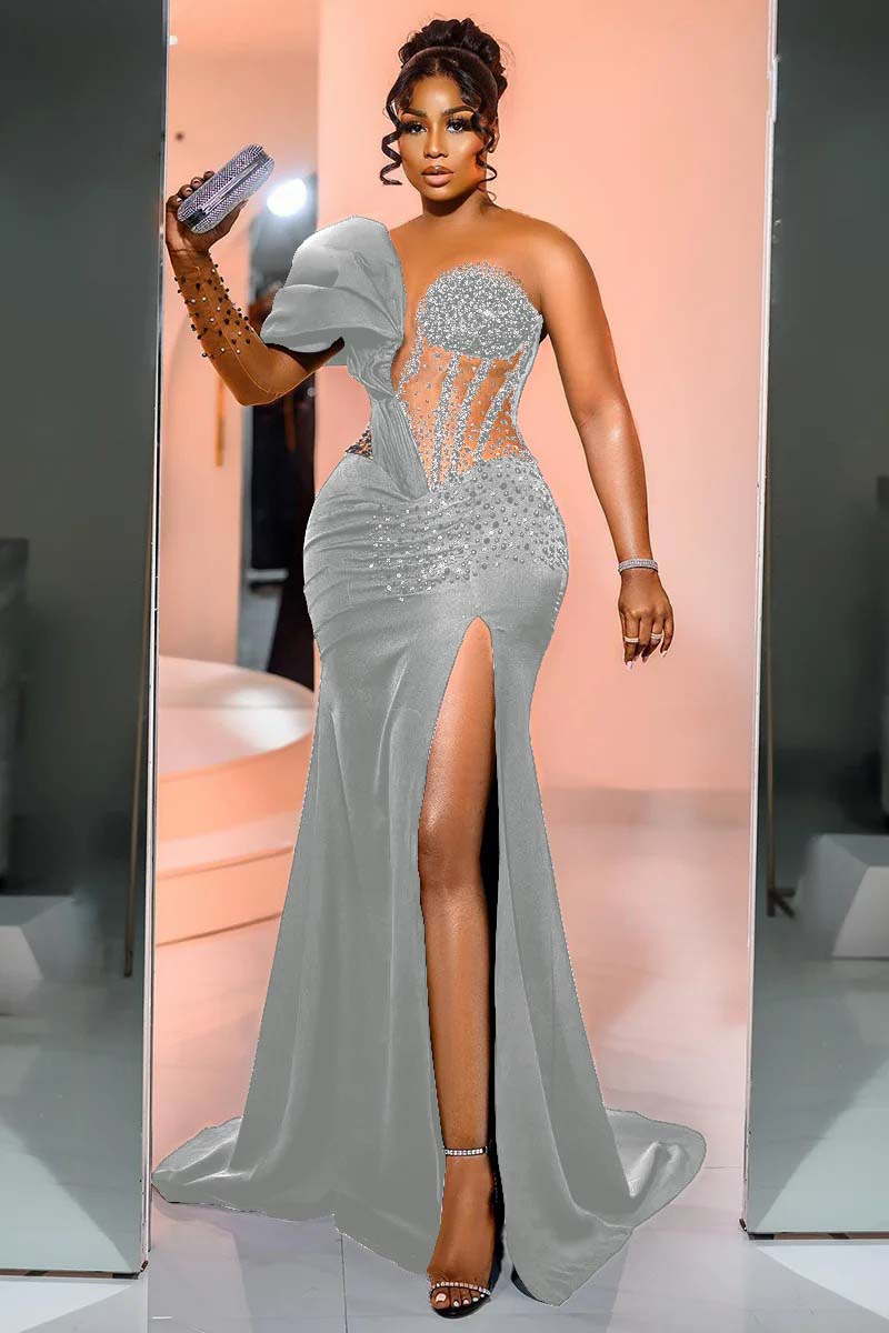 One Shoulder Long Sleeve Long Mermaid Prom Dress With Beading BMBRIDE