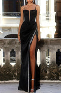 Prom Dress Long Plunging Neckline Straight Spaghetti Strap With High Slit BMBRIDE