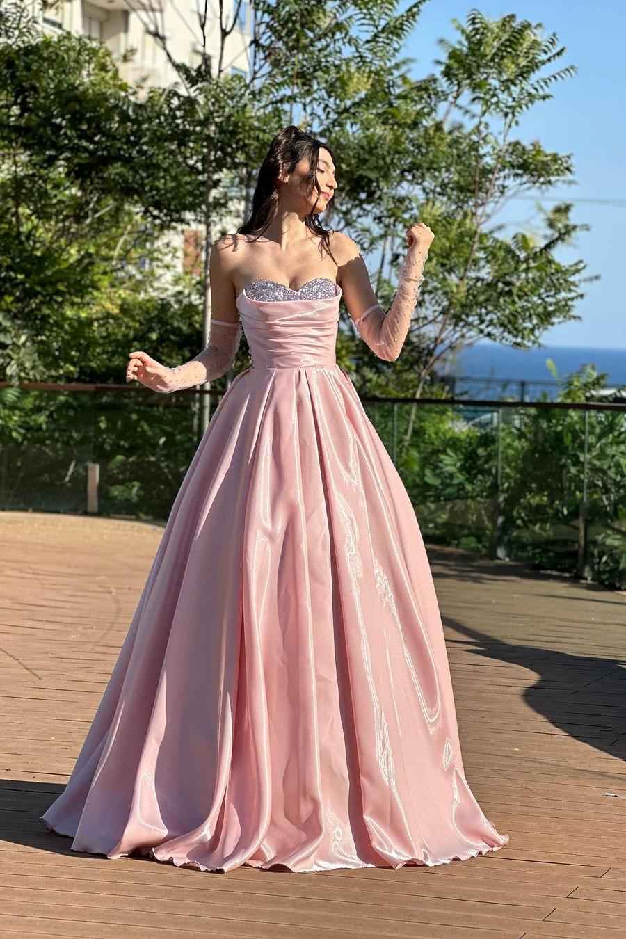 Strapless Beading A Line Long Prom Dress With Detachable Sleeves