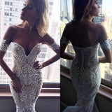 Off-the-Shoulder V-Neck Long Mermaid Wedding Dress with Lace Appliques BM bride