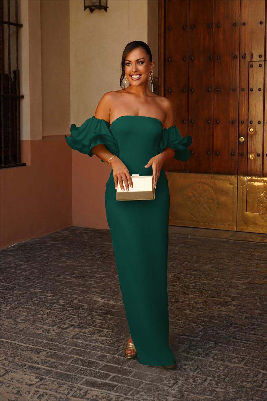 Strapless Bubble Sleeves Mermaid Long Prom Dress With Pleated BMBRIDE