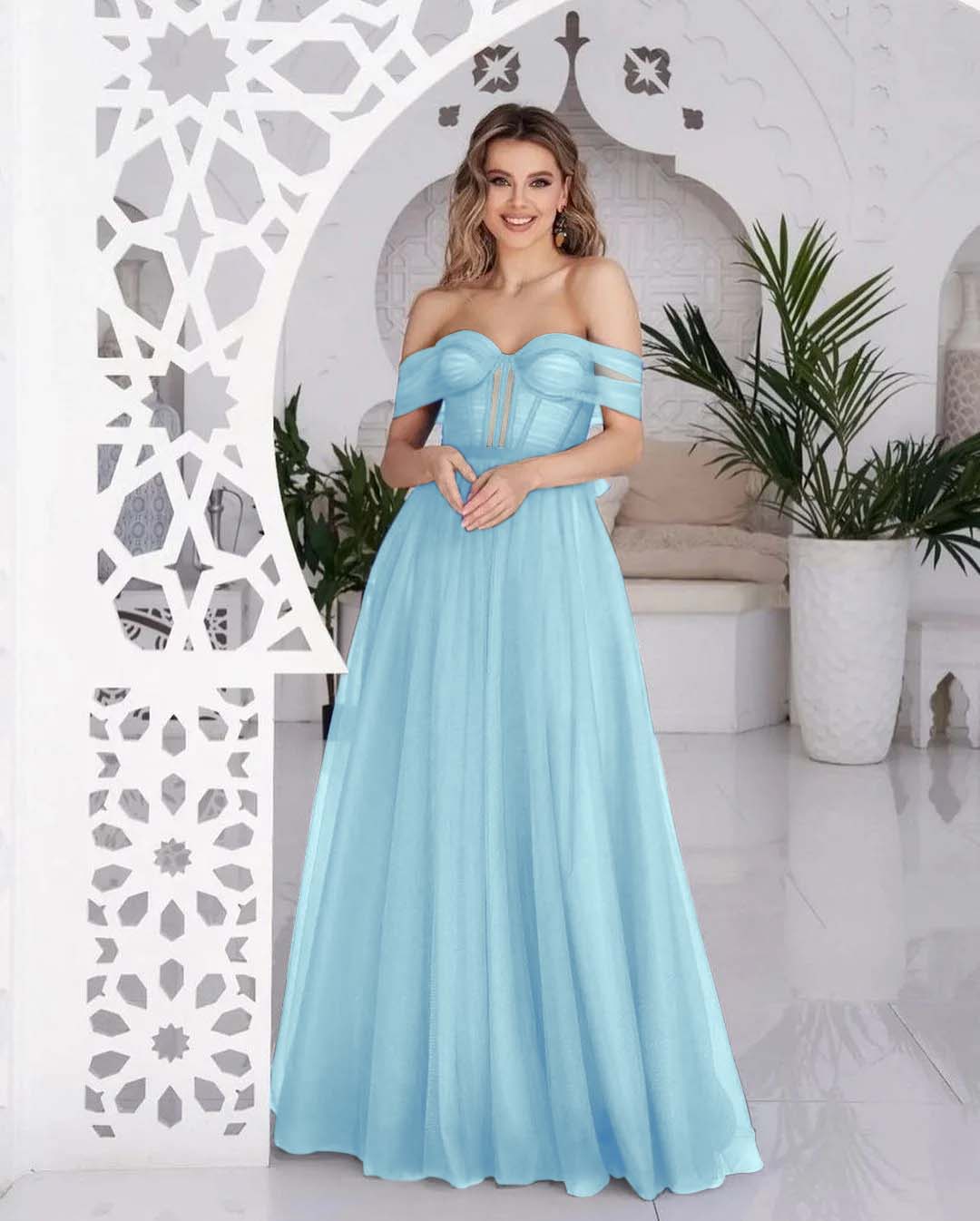 Stunning Tulle Off the Shoulder Sweetheart Strapless Royal Blue Prom Dress BMBRIDE