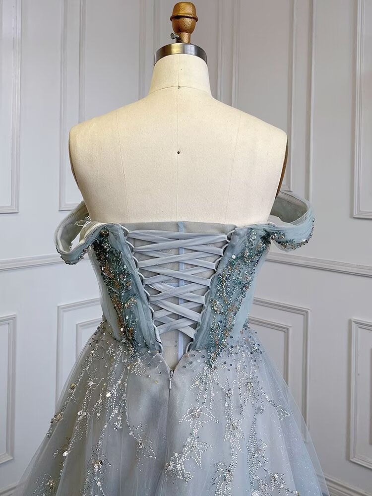 Dusty Blue Sequin Prom Dress, Long A-Line V-Neck Sleeveless, Backless BM bride