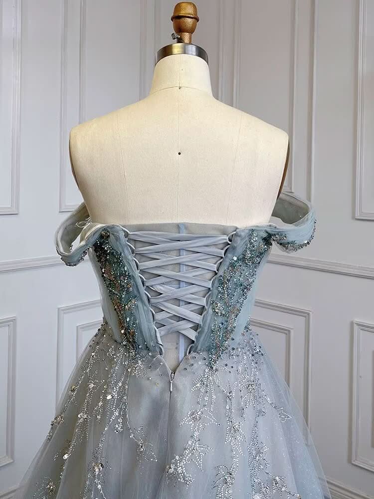 Dusty Blue Sequin Prom Dress, Long A-Line V-Neck Sleeveless, Backless BM bride