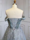 Dusty Blue Sequin Prom Dress, Long A-Line V-Neck Sleeveless, Backless BM bride