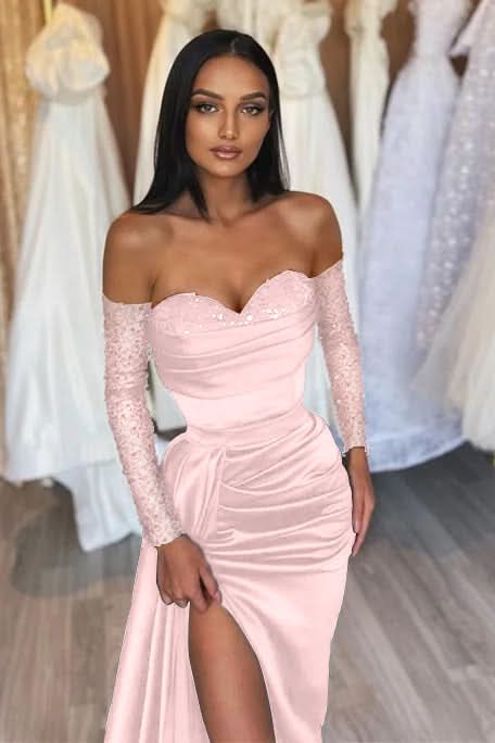 Black Prom Dress Sweetheart Short Sleeves with Pleated Slit BM bride