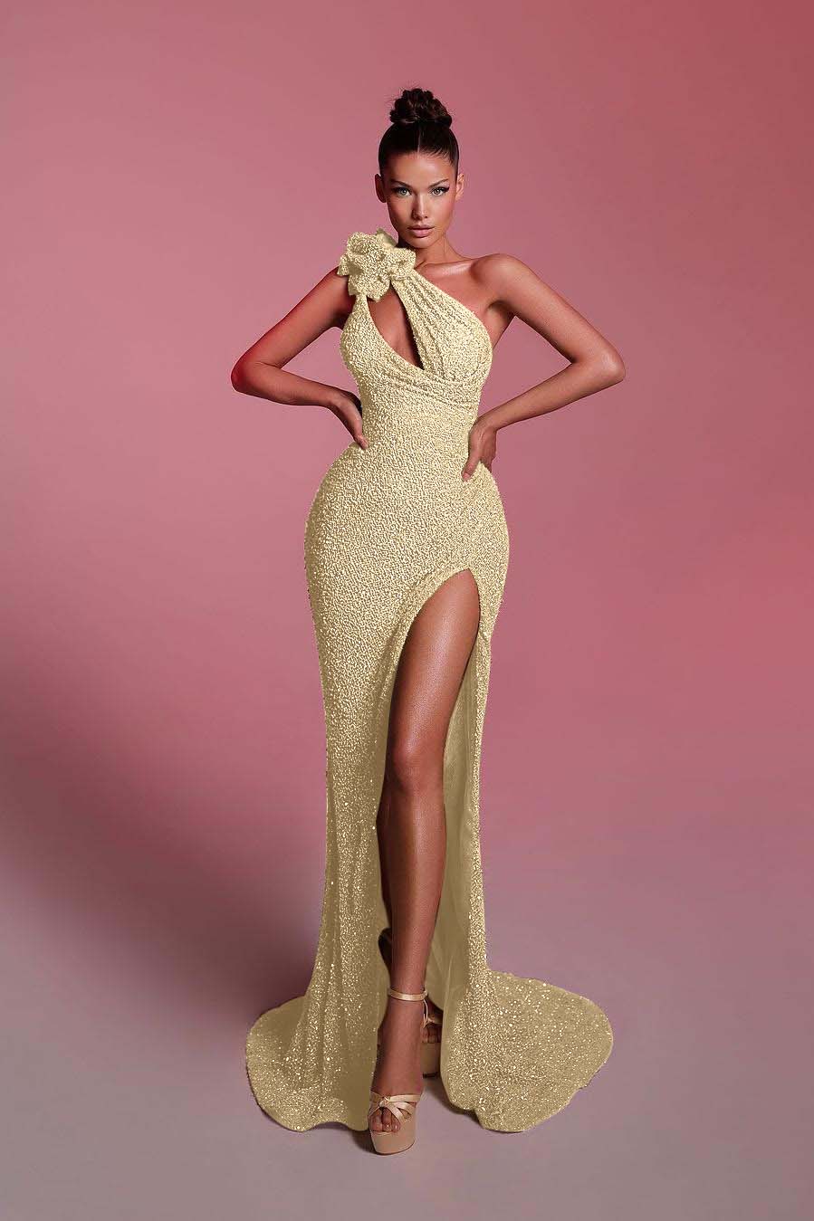 Charming Sequins One Shoulder Sleeveless Long Prom Dress With Front Split
