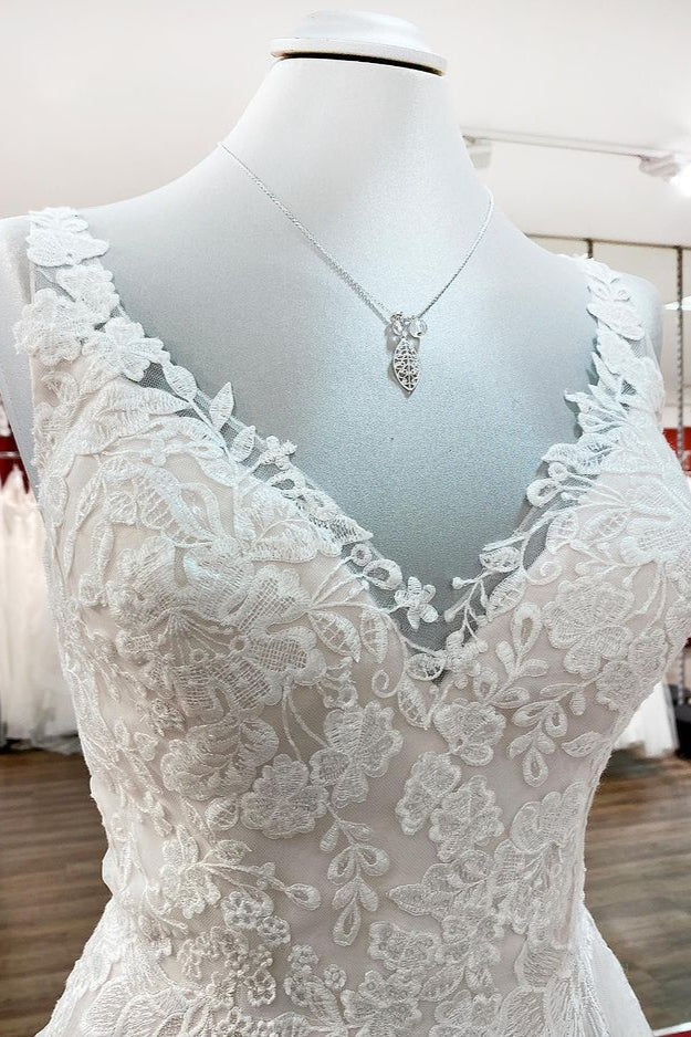 Elegant A-line Tulle V-Neck Open Back Wedding Dress With Lace Ruffles BM bride
