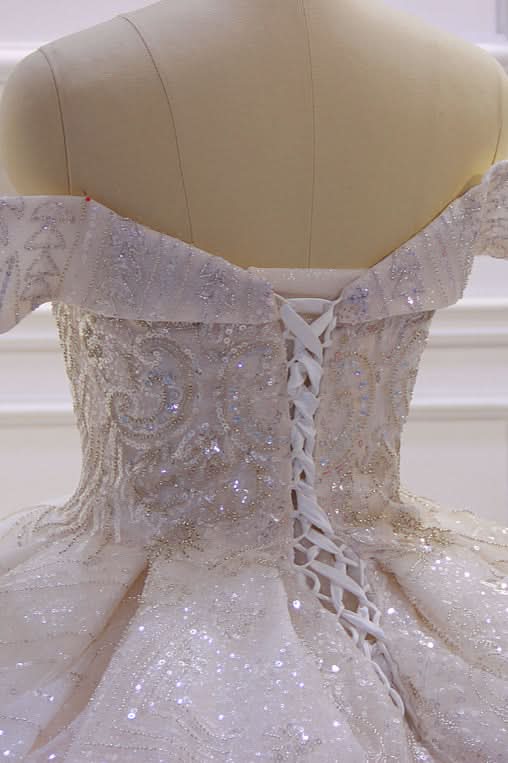 Off-the-Shoulder Satin Ruffle Ball Gown Wedding Dress with Sequins and Beadings BM bride