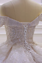 Off-the-Shoulder Satin Ruffle Ball Gown Wedding Dress with Sequins and Beadings BM bride