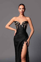 Chic Black Strapless Sleeveless Mermaid Beadings Long Prom Dress With Split