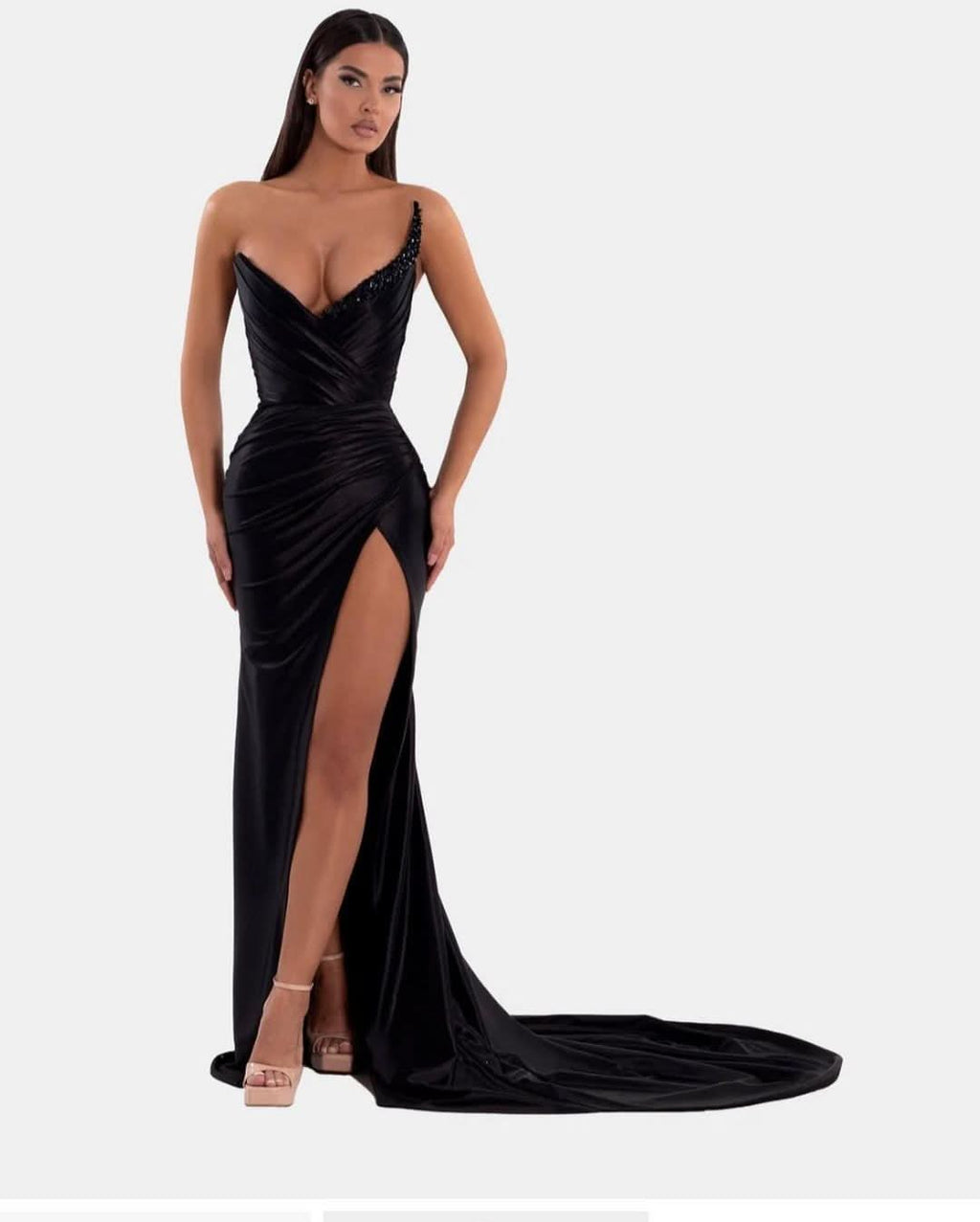 Sexy Royal Blue Prom Dress V Neck with High Slit Pleated Strapless Sleeveless BM bride