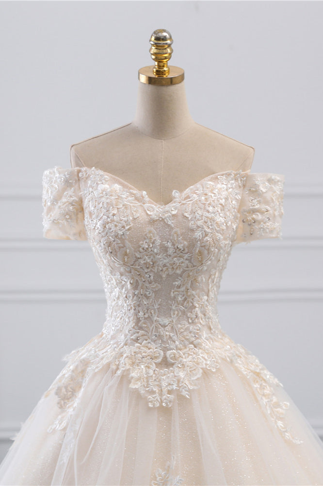 Princess Off-the-Shoulder Tulle Wedding Dress with Lace Appliques BM bride
