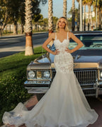 Sweetheart Backless Long Mermaid Wedding Dress With Tulle Lace BM bride