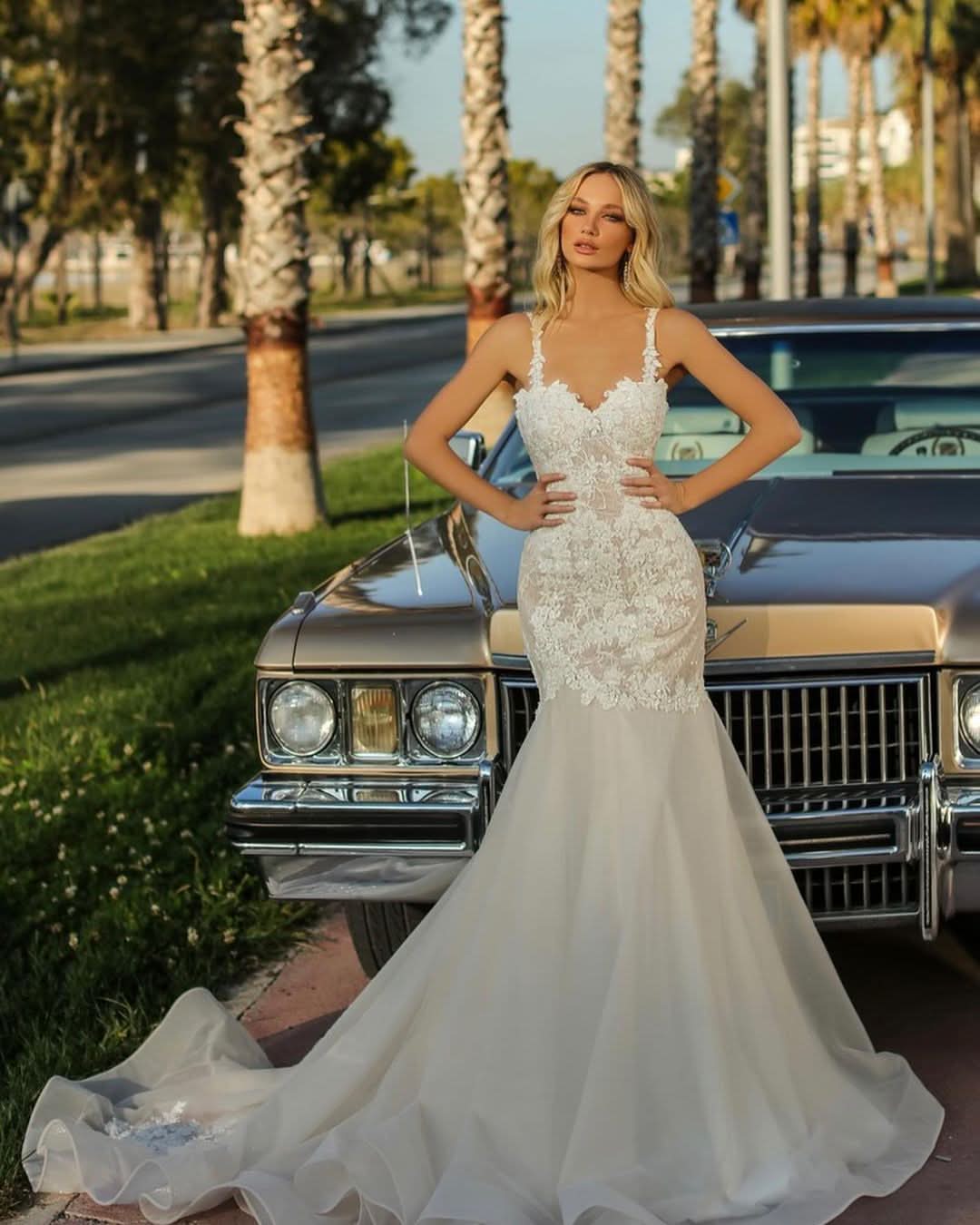 Sweetheart Backless Long Mermaid Wedding Dress With Tulle Lace BM bride