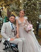 A-Line V-Neck Sleeveless Tulle Lace Wedding Dress with Feathers BM bride