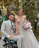 A-Line V-Neck Sleeveless Tulle Lace Wedding Dress with Feathers BM bride