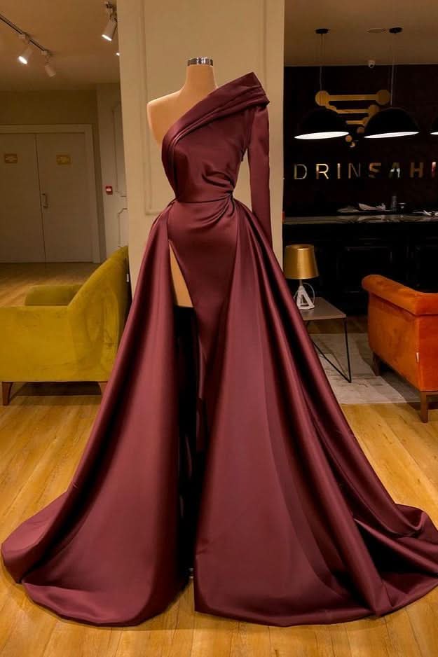 One Shoulder Long Sleeves Prom Dress with Split Overskirt BM bride