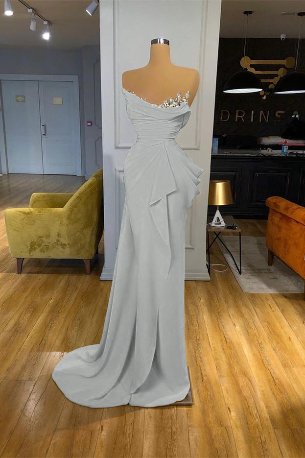 Orange Sequins Mermaid Online Strapless Pleated Prom Dress With Sleeveless