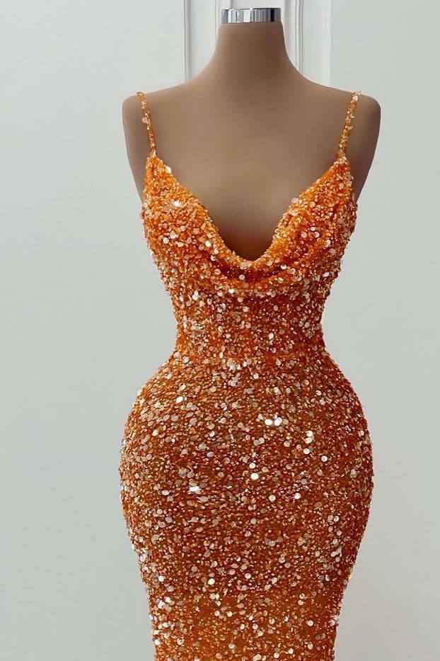 Chic Orange Sleeveless Spaghetti Strap Mermaid Long Prom Dress With Sequins
