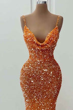 Chic Orange Sleeveless Spaghetti Strap Mermaid Long Prom Dress With Sequins