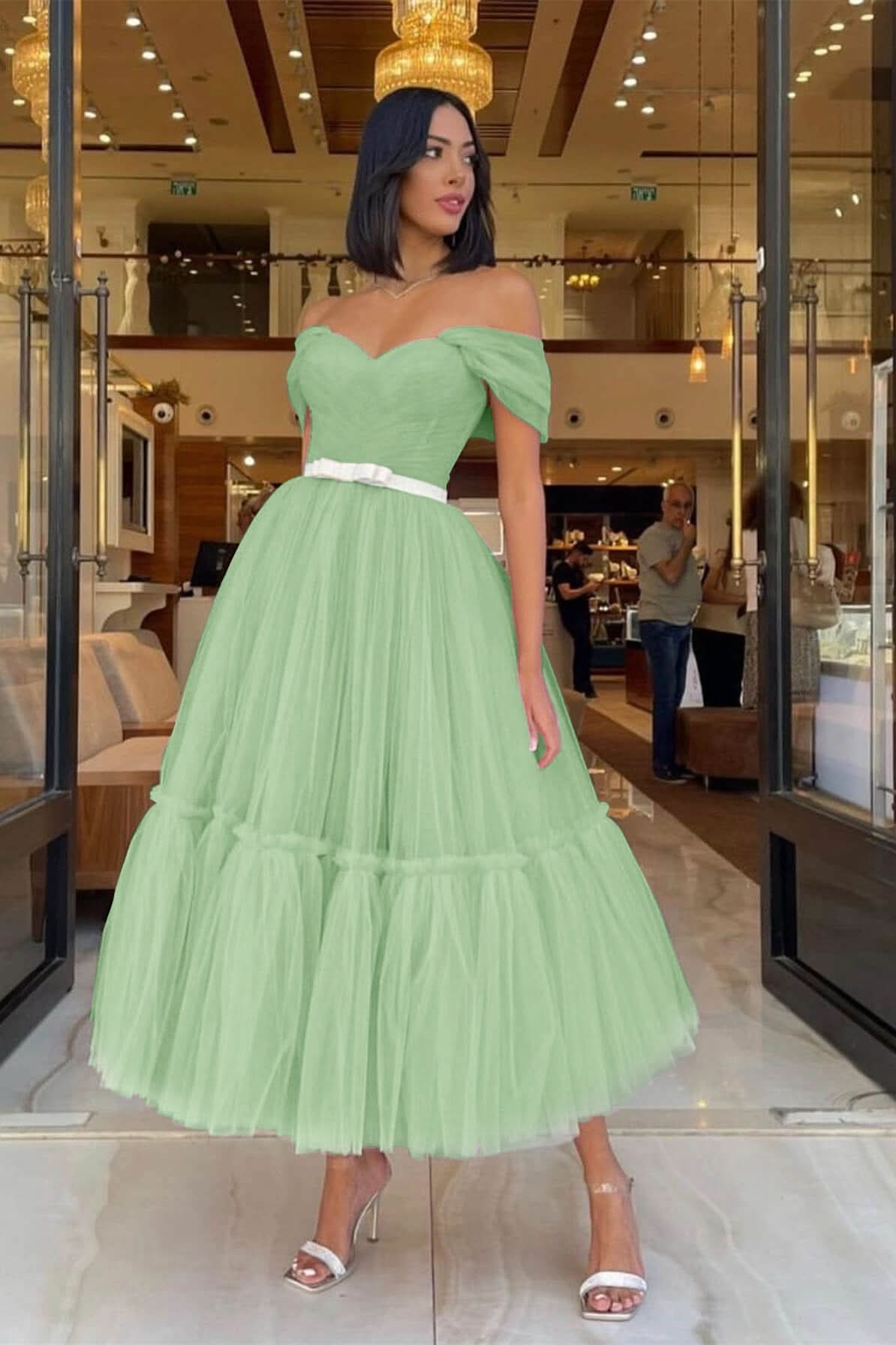 Light Pink Sweetheart Off-The-Shoulder Tulle Prom Dress with Belts BM bride