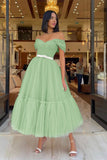 Light Pink Sweetheart Off-The-Shoulder Tulle Prom Dress with Belts BM bride