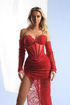 Red Sweetheart Strapless Long Sleeves Pleated Long Prom Dress With Split