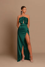 Chic Pink Sleeveless Evening Dress with Strapless Design and Side Slit Pleats BM bride