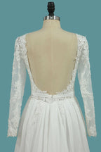 Long Sleeve Bateau A-Line Chiffon Floor-Length Wedding Dress with Ruffles BM bride