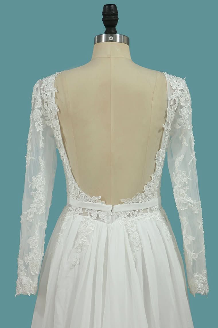 Long Sleeve Bateau A-Line Chiffon Floor-Length Wedding Dress with Ruffles BM bride