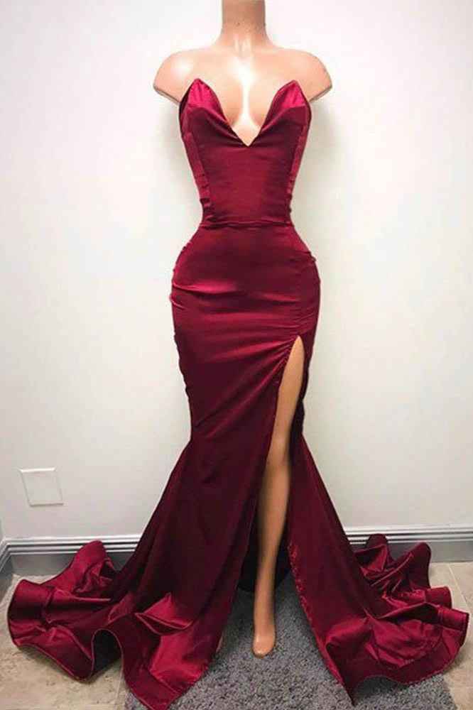 Strapless Sleeveless Mermaid V Neck Pleated Long Prom Dress With Side Split