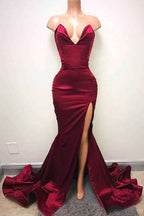 Strapless Sleeveless Mermaid V Neck Pleated Long Prom Dress With Side Split