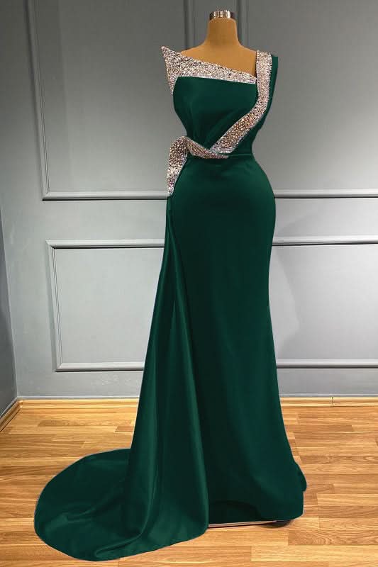 Light Blue One-Shoulder Sleeveless Mermaid Prom Dress with Beads and Ruffles BM bride