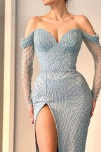 Stunning Off-The-Shoulder Mermaid Evening Dress Long Sleeves with Sweetheart Beadings BM bride