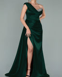 Burgundy Elegant One-Shoulder V-Neck Mermaid Prom Dress with Split and Sequins BM bride