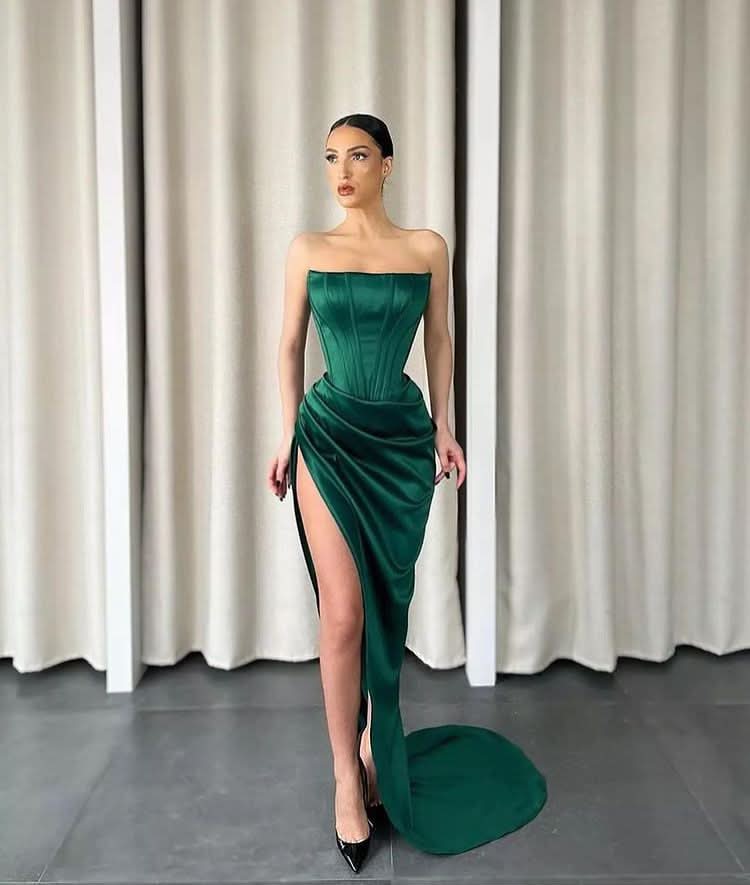 Dark Green Strapless Sleeveless Long Slit Mermaid Prom Dress BM bride