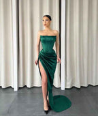 Dark Green Strapless Split Sleeveless Long Mermaid Prom Dress With Pleated