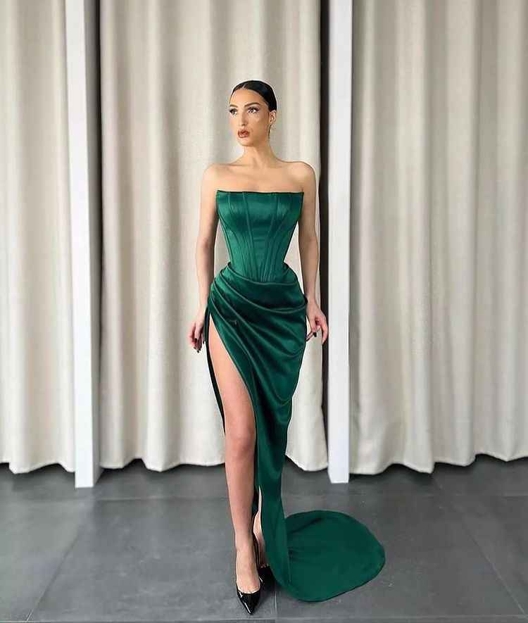 Dark Green Strapless Split Sleeveless Long Mermaid Prom Dress With Pleated