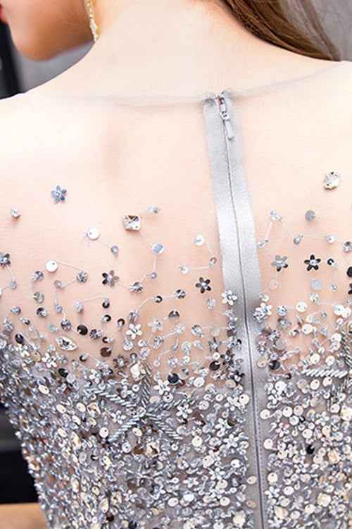 Gorgeous Tulle Long Prom Dress With Short Sleeves Sequins Online
